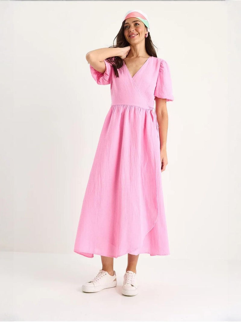 Vestido comprido de musselina com fecho cruzado e mangas abalonadas lucci Rosa-fluo/Solinotes - Kiabi