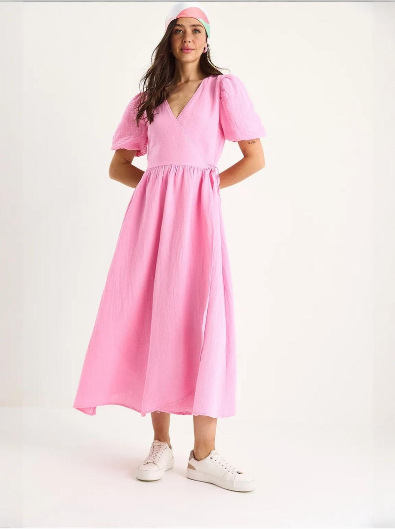 Vestido comprido de musselina com fecho cruzado e mangas abalonadas lucci Rosa-fluo/Solinotes - Kiabi