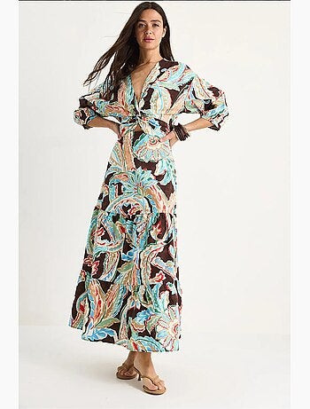 Vestido comprido de popelina com decote em v e estampado étnico com costas franzidas lucci
