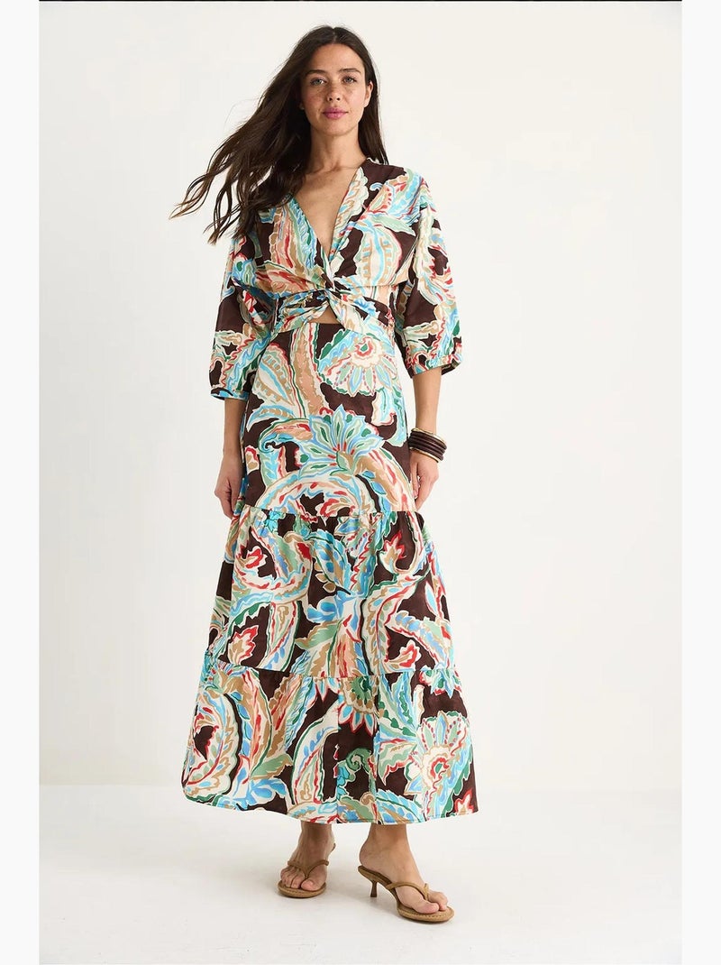 Vestido comprido de popelina com decote em v e estampado étnico com costas franzidas lucci Castanho - Kiabi