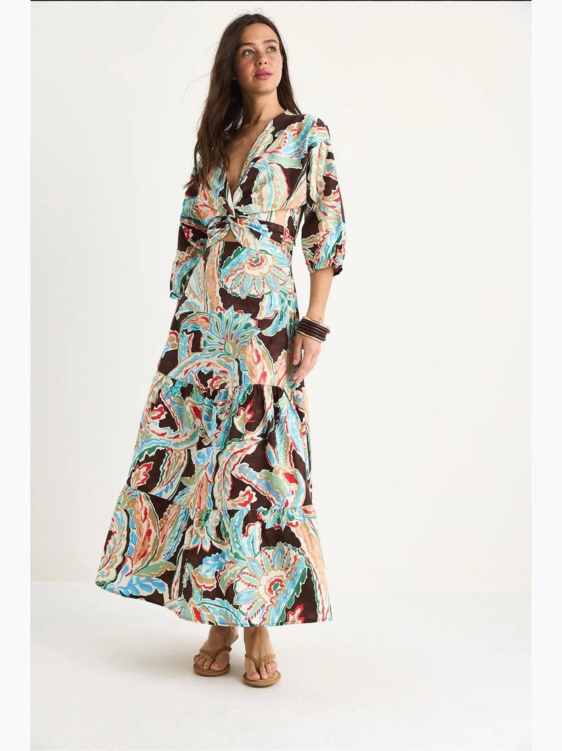 Vestido comprido de popelina com decote em v e estampado étnico com costas franzidas lucci Castanho - Kiabi