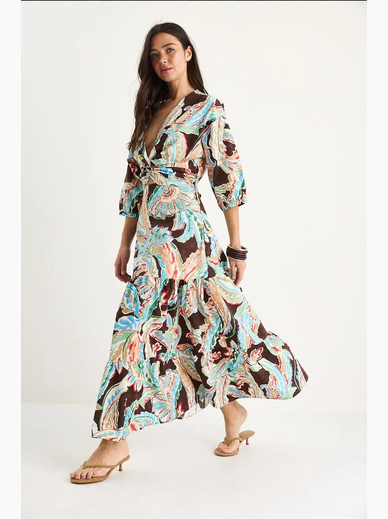 Vestido comprido de popelina com decote em v e estampado étnico com costas franzidas lucci Castanho - Kiabi