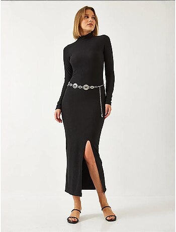 Vestido comprido de tecido otomano com gola alta lucci