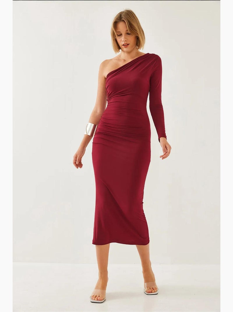 Vestido comprido de um ombro só e franzido lucci Vermelho bordô - Kiabi