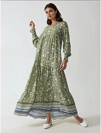 Vestido comprido de viscose estampado com gola redonda hiccup