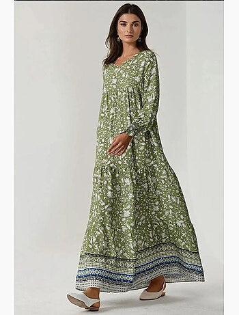 Vestido comprido de viscose estampado com gola redonda hiccup