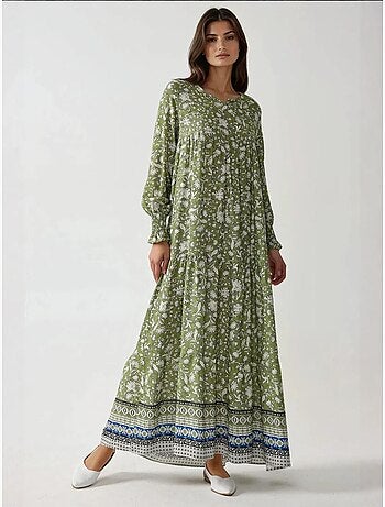Vestido comprido de viscose estampado com gola redonda hiccup