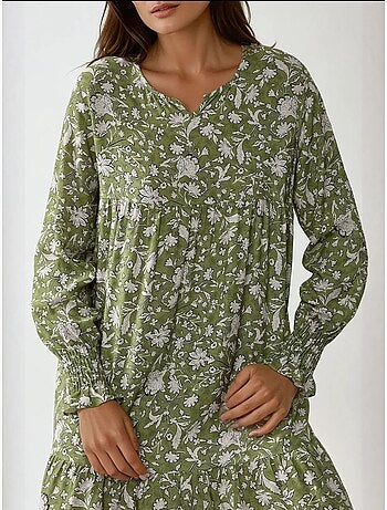 Vestido comprido de viscose estampado com gola redonda hiccup