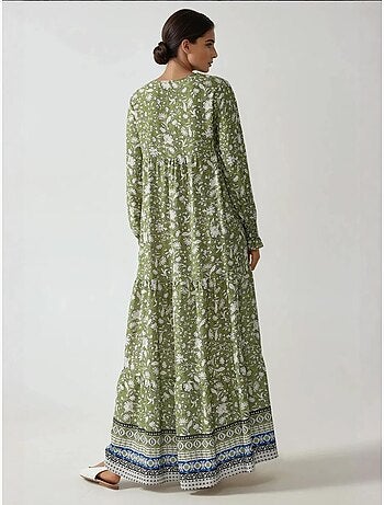 Vestido comprido de viscose estampado com gola redonda hiccup