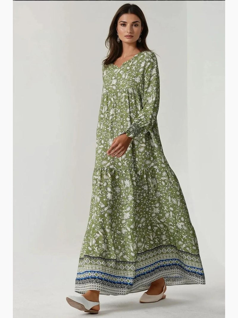 Vestido comprido de viscose estampado com gola redonda hiccup Verde cáqui - Kiabi