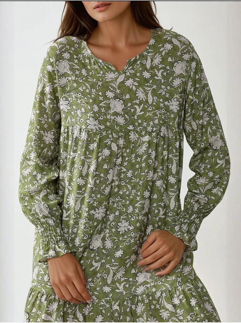 Vestido comprido de viscose estampado com gola redonda hiccup Verde cáqui - Kiabi