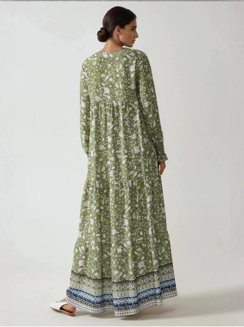 Vestido comprido de viscose estampado com gola redonda hiccup Verde cáqui - Kiabi