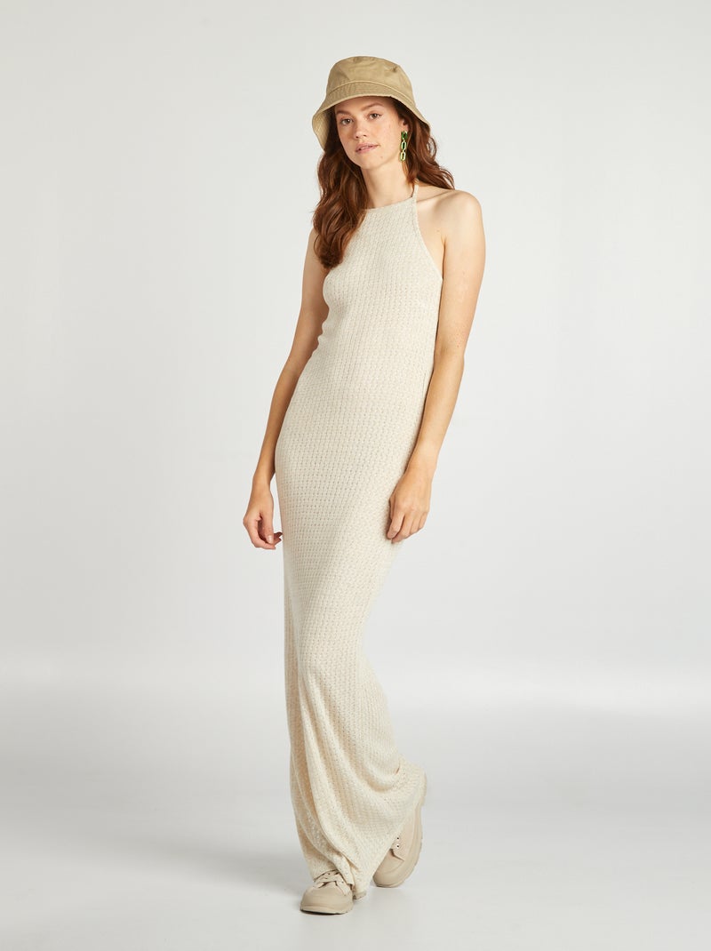 Vestido comprido em crochet com linho BEGE - Kiabi