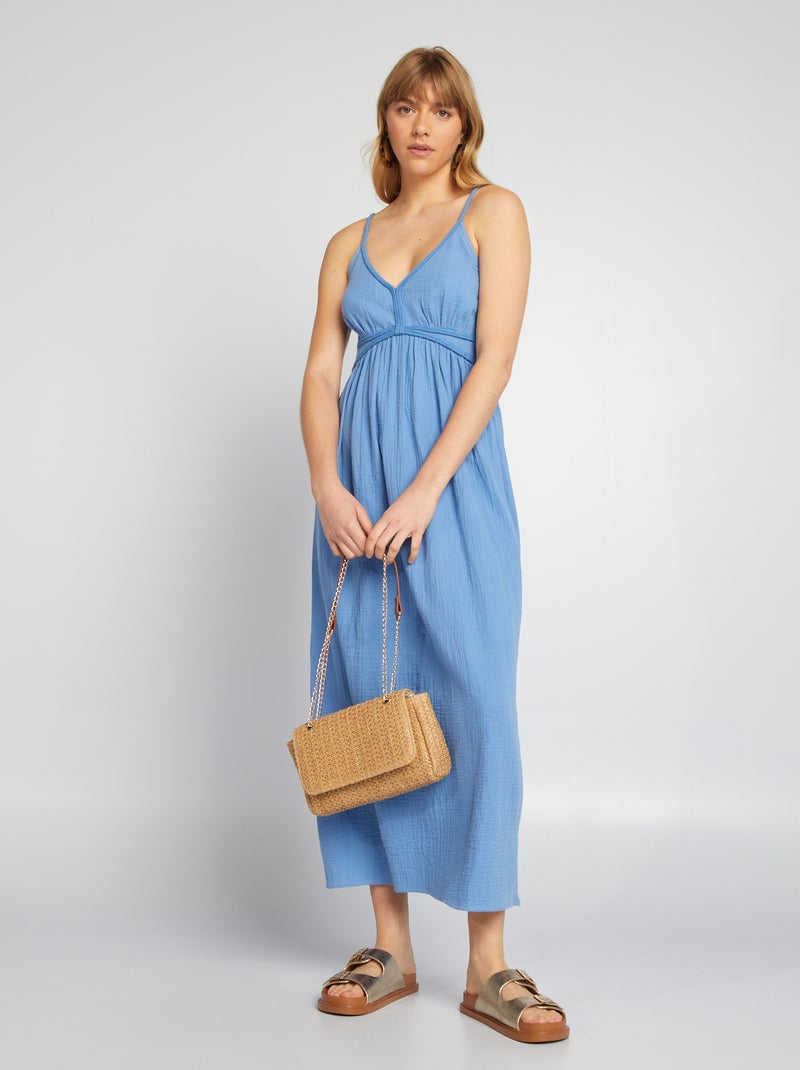 Vestido comprido em gaze de algodão Azul - Kiabi