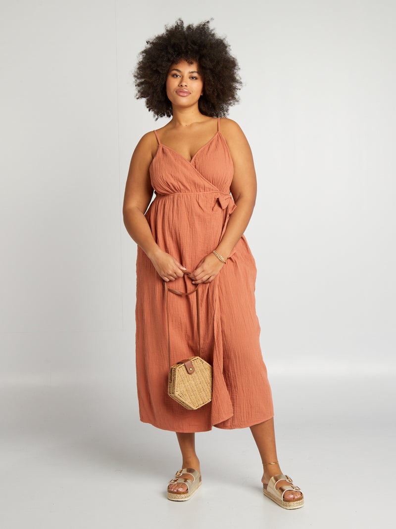 Vestido comprido em gaze de algodão CASTANHO - Kiabi