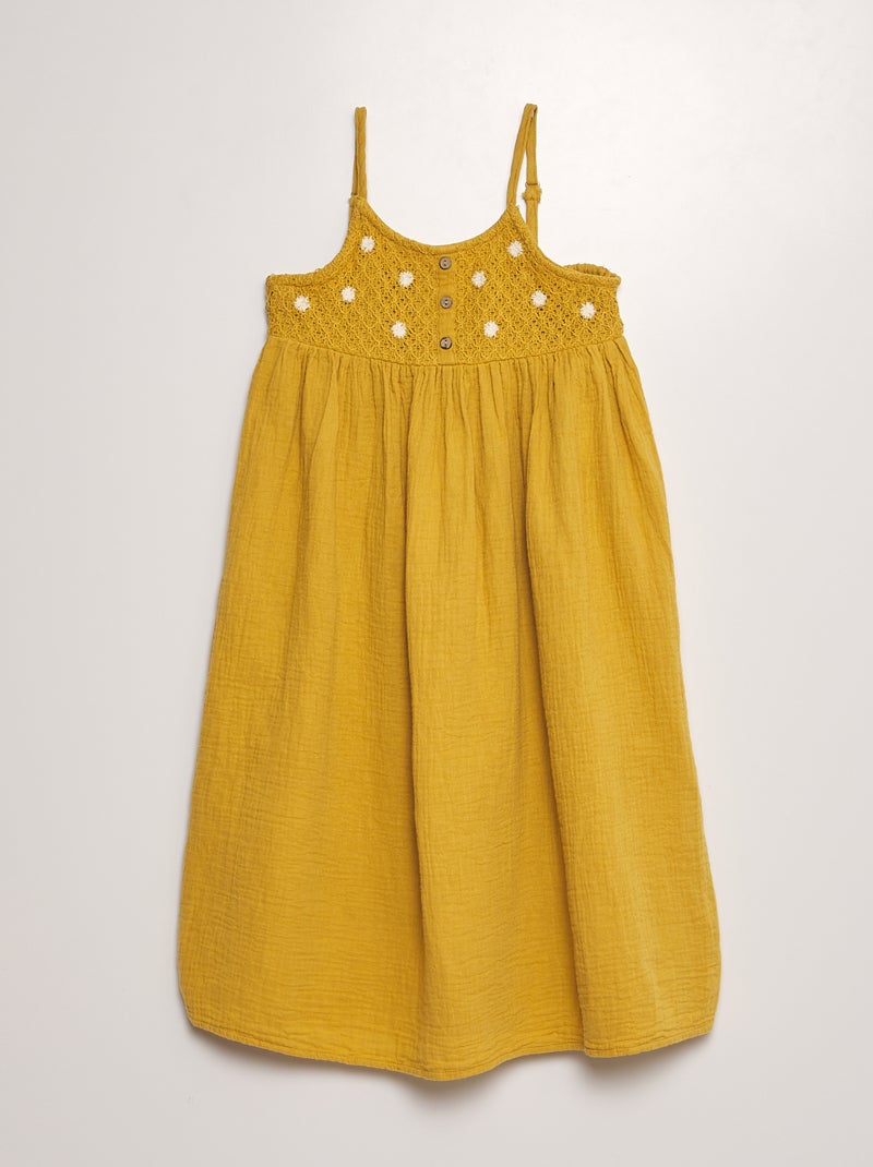 Vestido comprido em gaze de algodão e croché AMARELO - Kiabi
