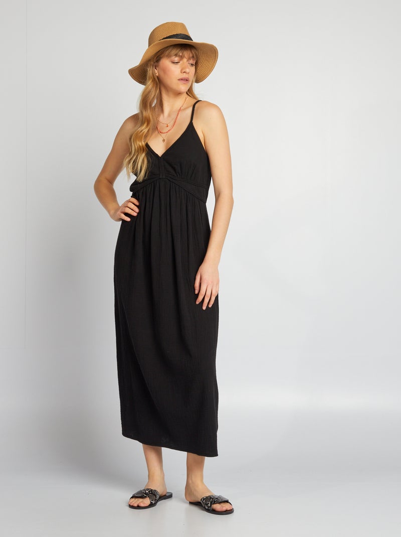 Vestido comprido em gaze de algodão Preto - Kiabi