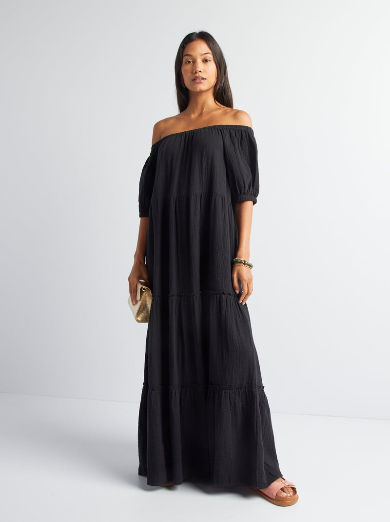 Vestido comprido em gaze de algodão Preto - Kiabi