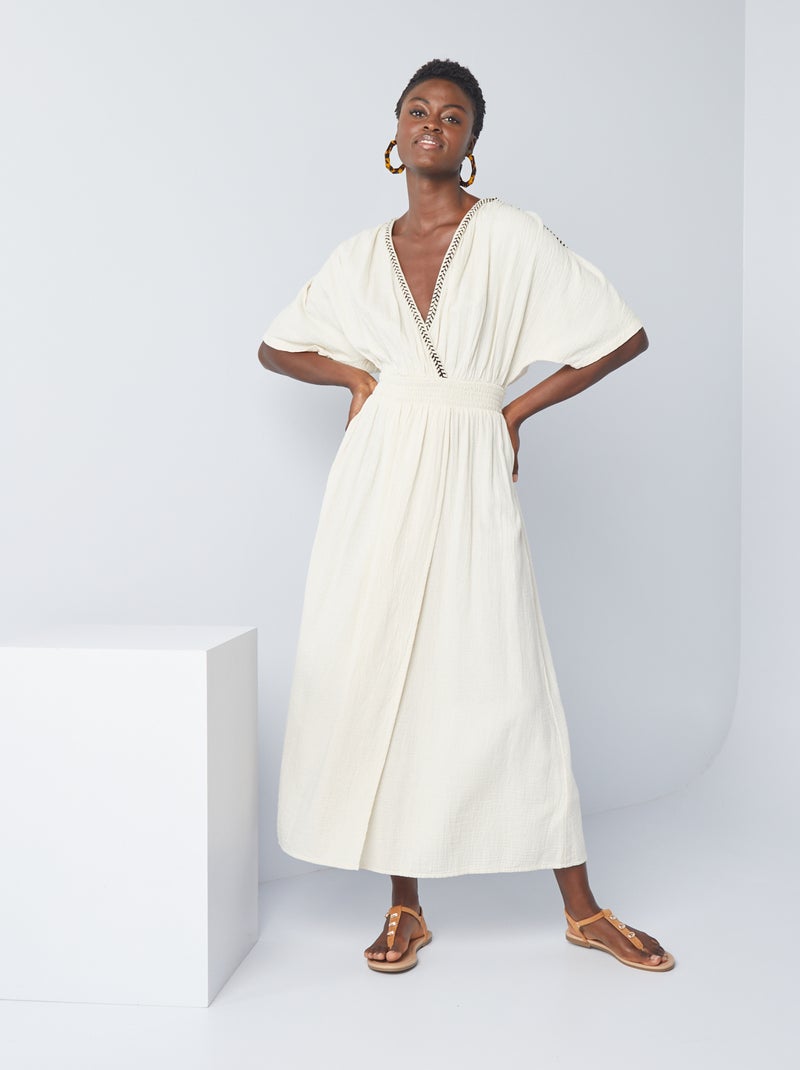 Vestido comprido em gaze de algodão transada BRANCO - Kiabi