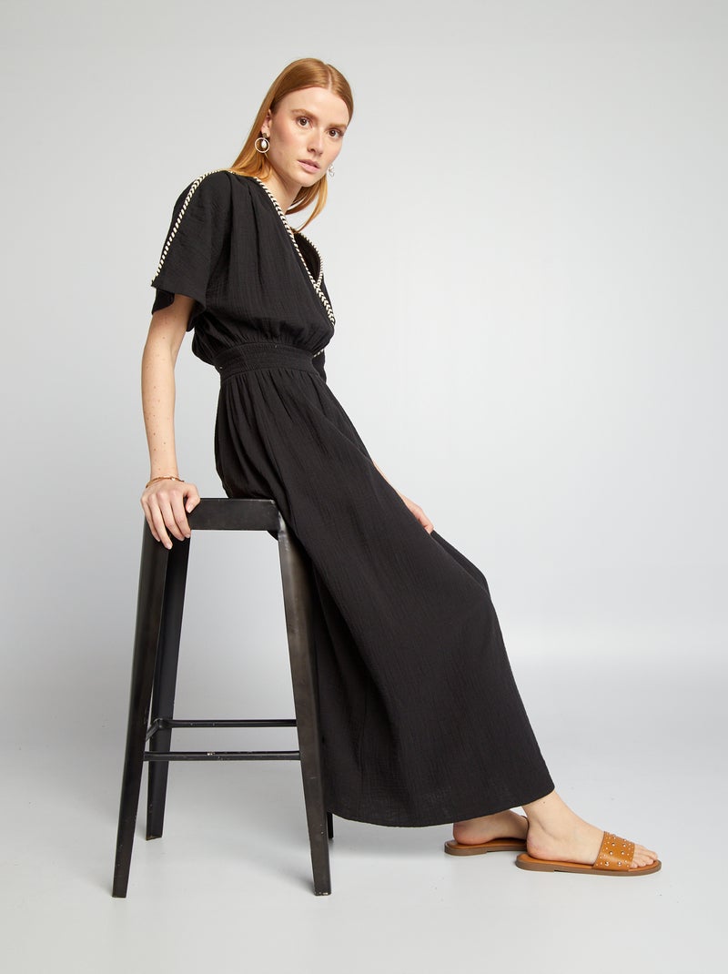 Vestido comprido em gaze de algodão transada Preto - Kiabi