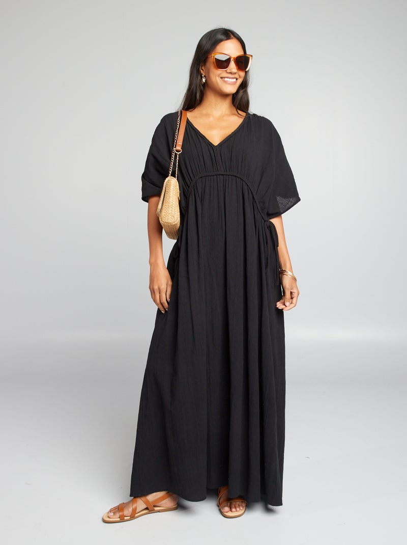 Vestido comprido em gaze dupla de algodão Preto - Kiabi