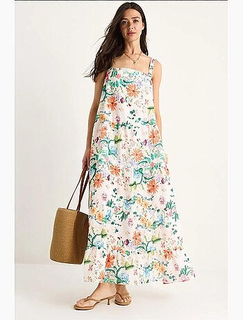 Vestido comprido em linho com estampado floral decote quadrado e alças forradas lucci