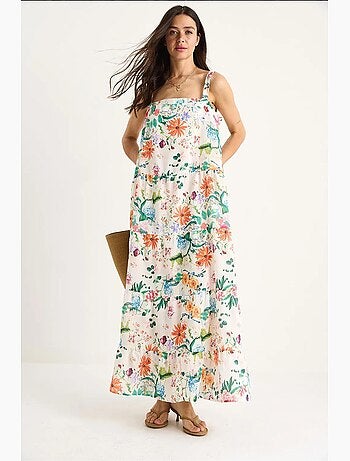 Vestido comprido em linho com estampado floral decote quadrado e alças forradas lucci