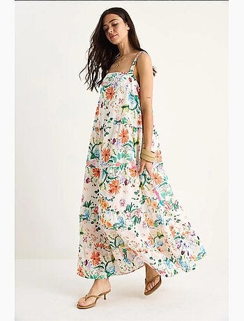 Vestido comprido em linho com estampado floral decote quadrado e alças forradas lucci