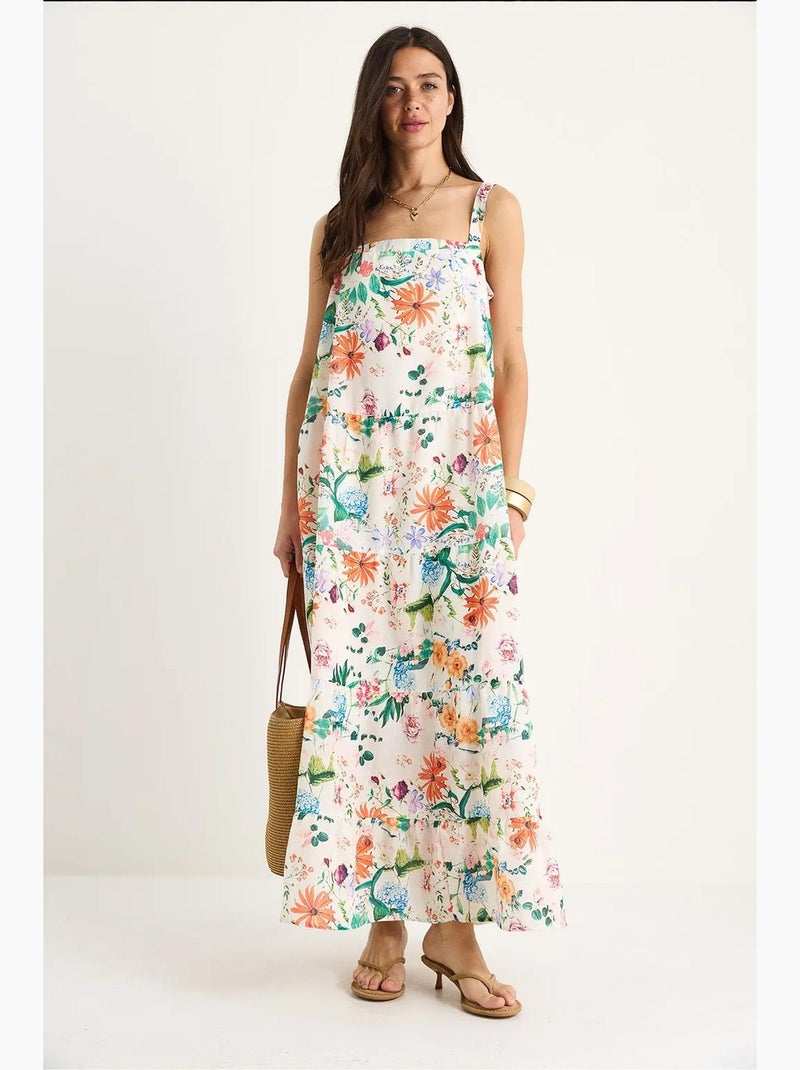 Vestido comprido em linho com estampado floral decote quadrado e alças forradas lucci Branco - Kiabi