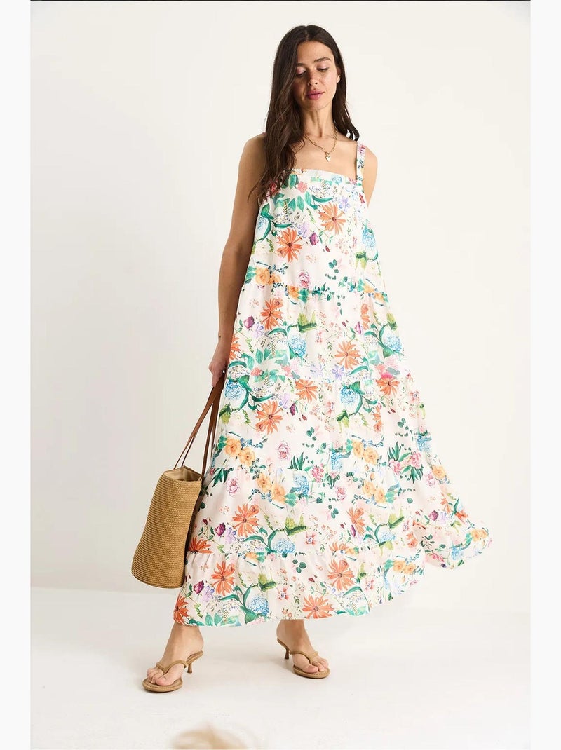 Vestido comprido em linho com estampado floral decote quadrado e alças forradas lucci Branco - Kiabi