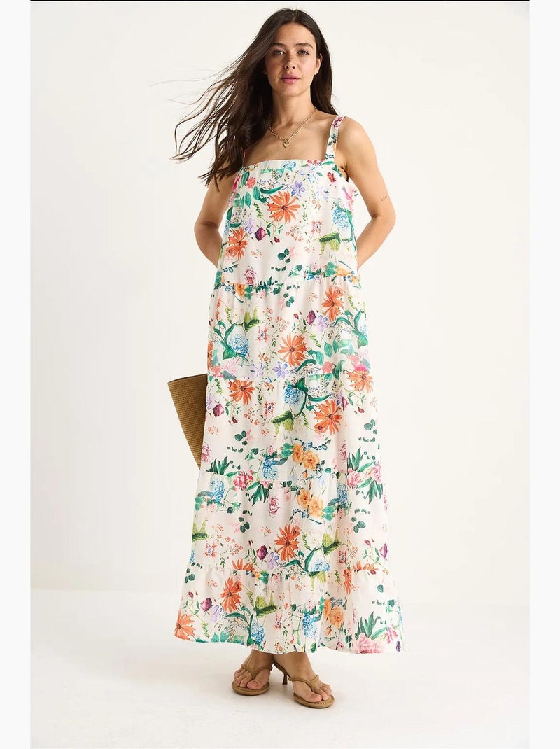 Vestido comprido em linho com estampado floral decote quadrado e alças forradas lucci Branco - Kiabi