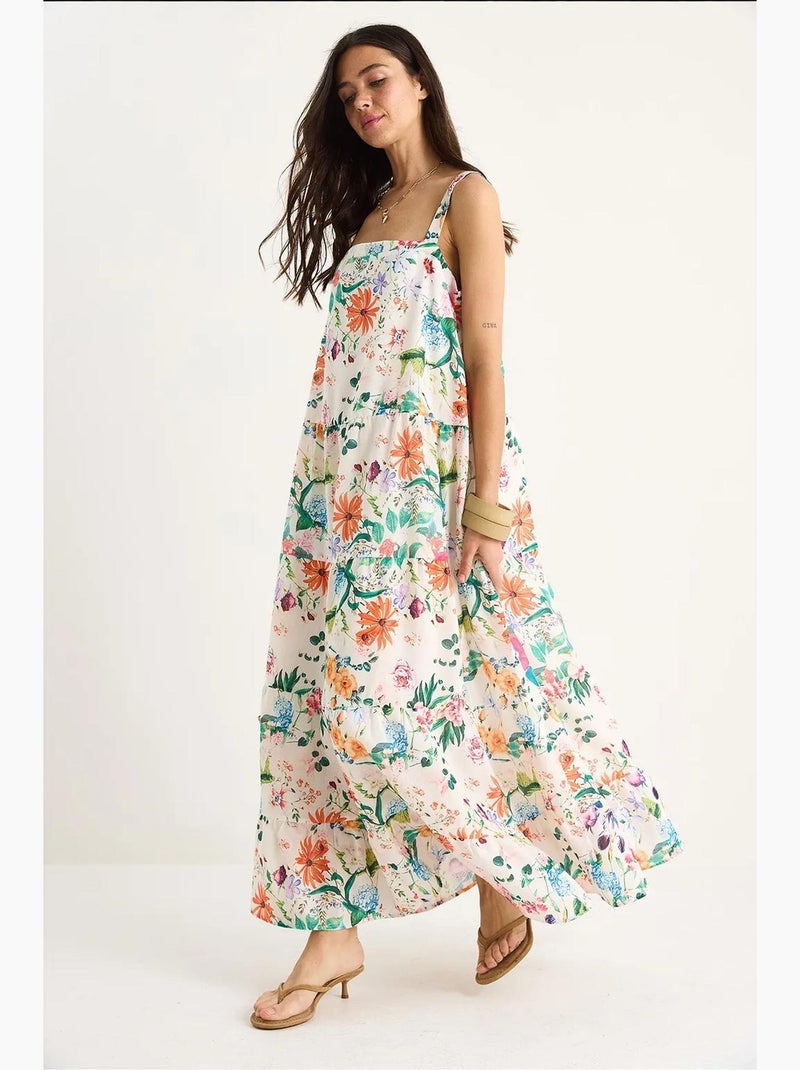 Vestido comprido em linho com estampado floral decote quadrado e alças forradas lucci Branco - Kiabi