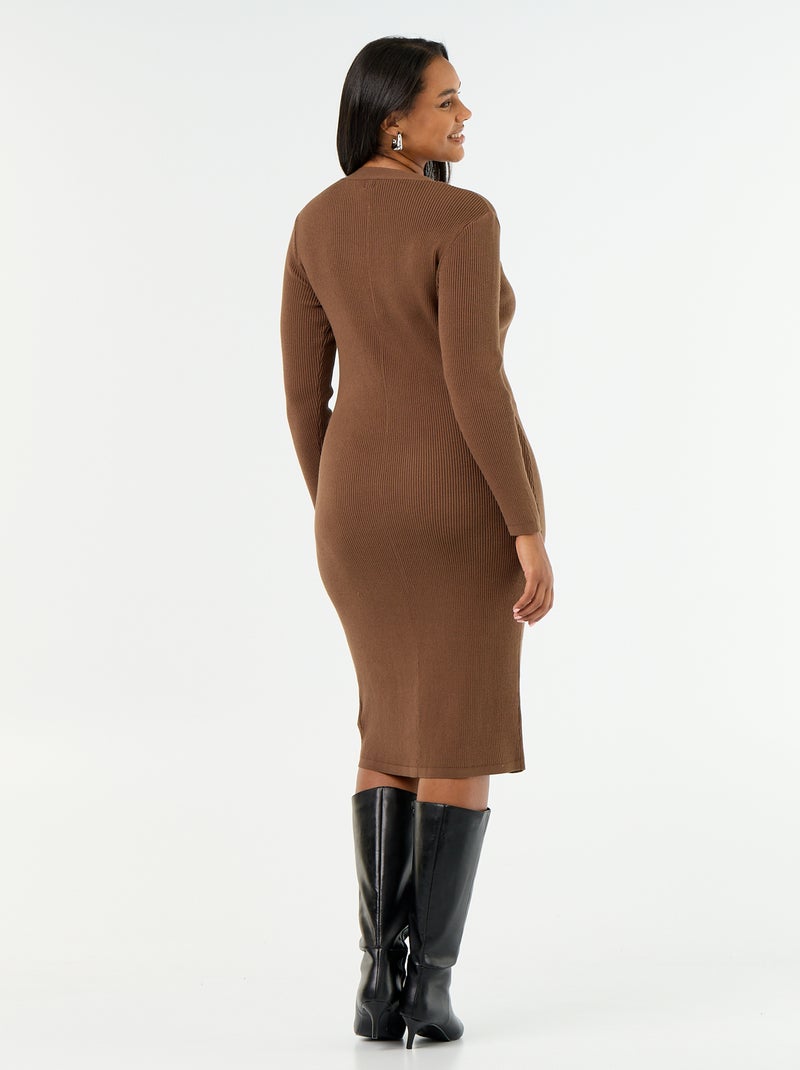Vestido comprido em malha canelada Castanho - Kiabi