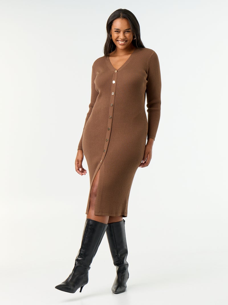 Vestido comprido em malha canelada Castanho - Kiabi