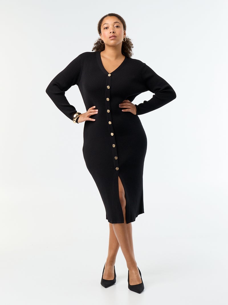 Vestido comprido em malha canelada Preto - Kiabi
