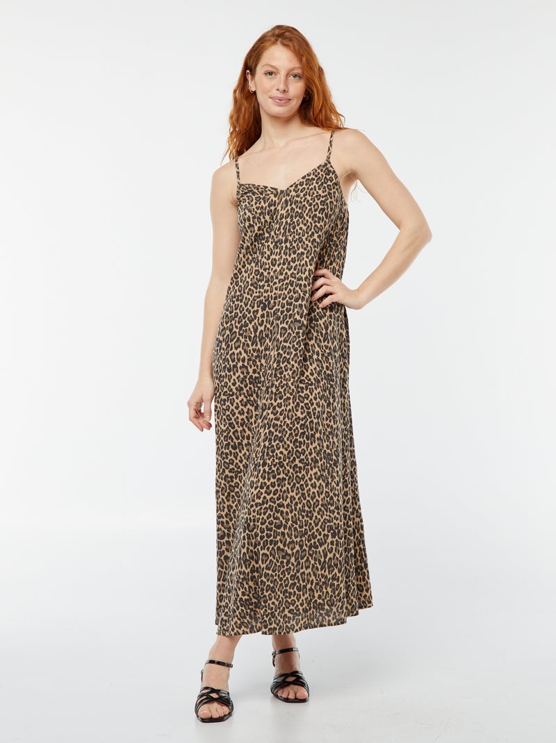 Vestido comprido em malha crepe com alças finas Bege - Kiabi