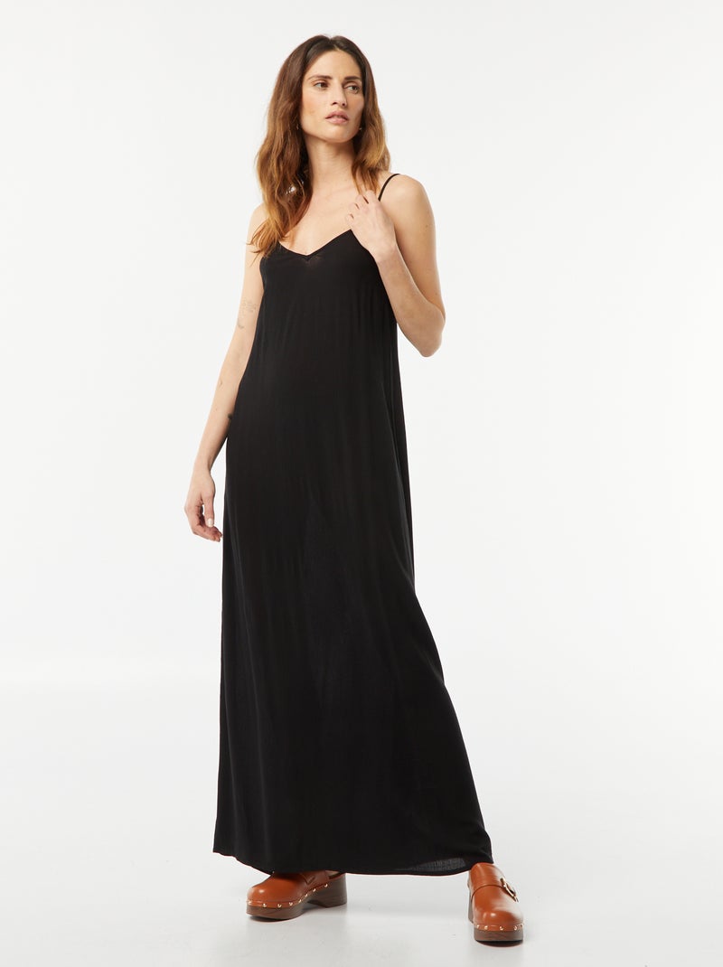 Vestido comprido em malha crepe com alças finas Preto - Kiabi