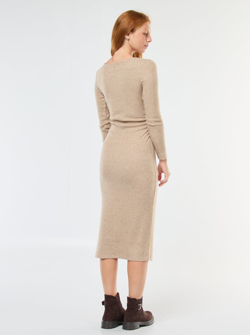 Vestido comprido em malha macia com mangas compridas Bege - Kiabi