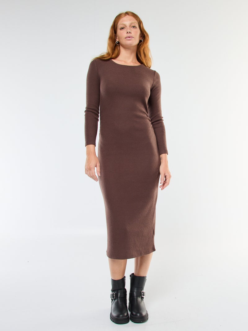 Vestido comprido em malha macia com mangas compridas Castanho - Kiabi