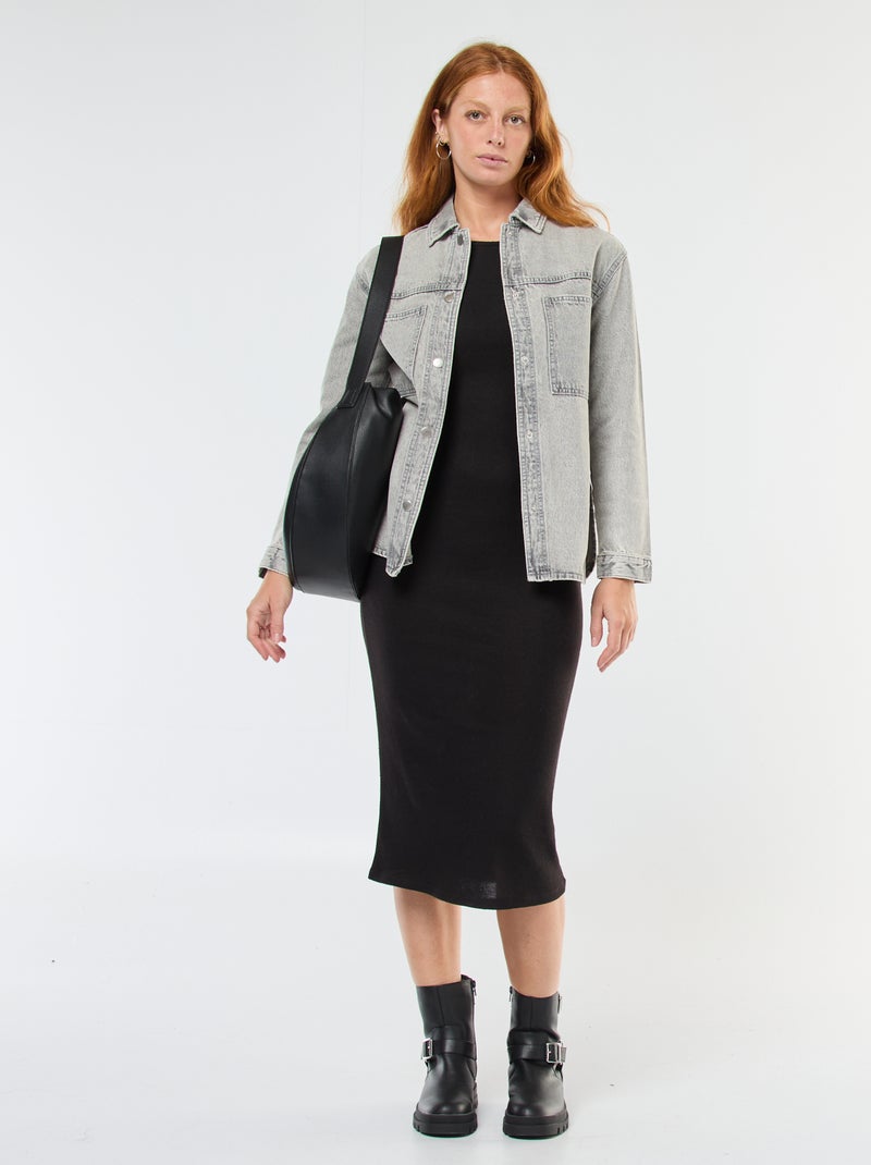 Vestido comprido em malha macia com mangas compridas Preto - Kiabi