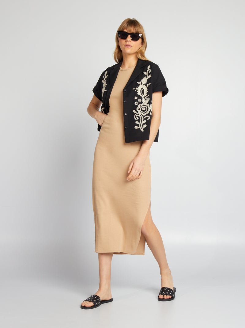 Vestido comprido em malha nervurada BEGE - Kiabi