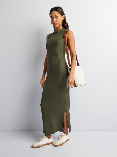 Vestido comprido em malha nervurada - Kiabi
