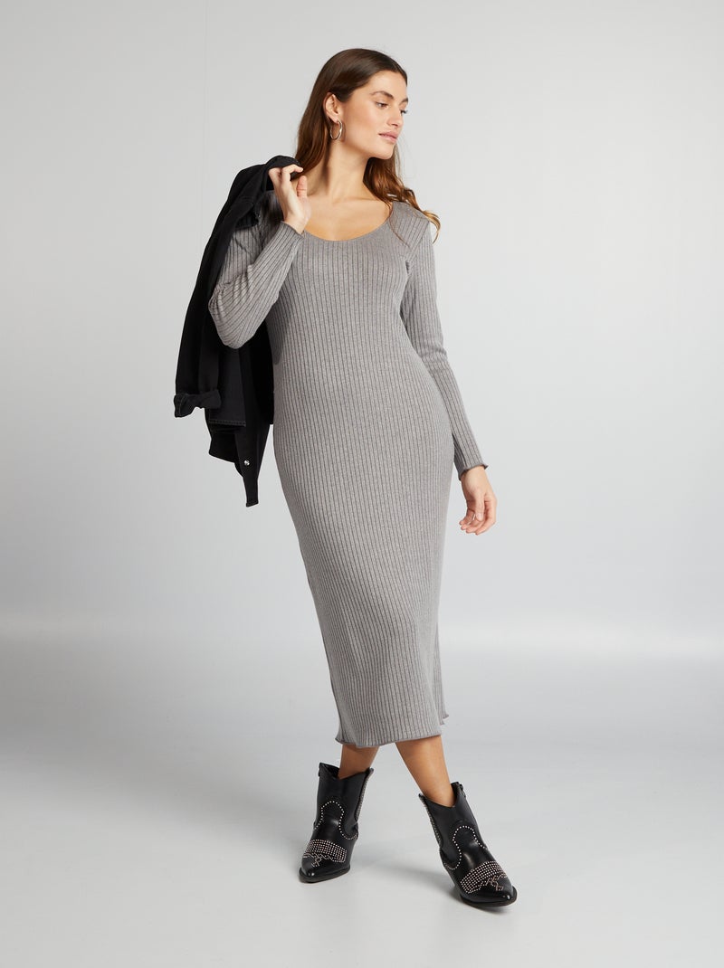 Vestido comprido em malha nervurada CINZA - Kiabi
