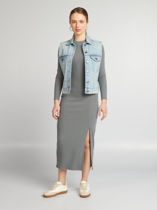 Vestido comprido em malha nervurada - Kiabi