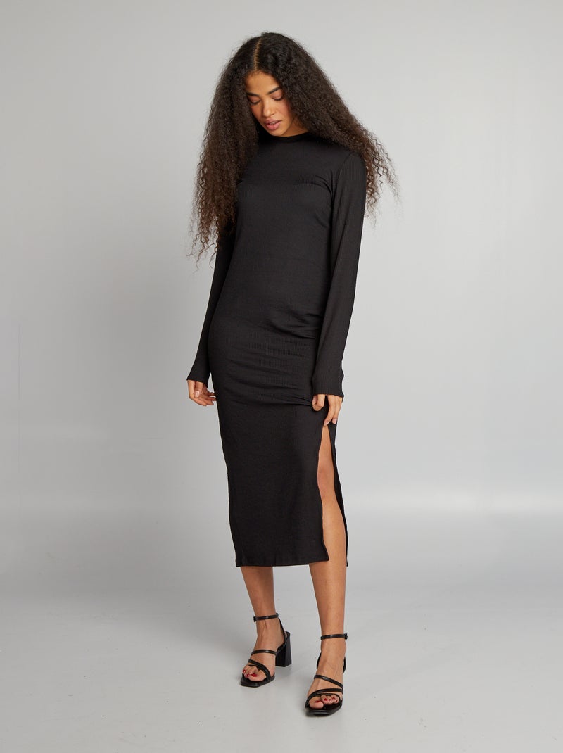 Vestido comprido em malha nervurada Preto - Kiabi