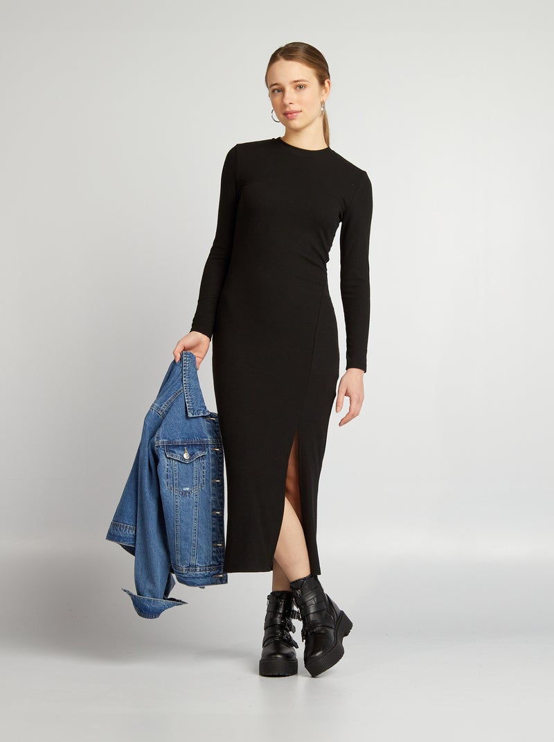 Vestido comprido em malha nervurada Preto - Kiabi