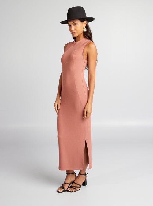 Vestido comprido em malha nervurada - Kiabi