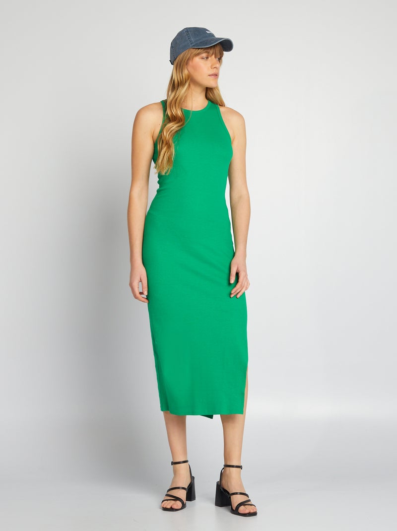 Vestido comprido em malha nervurada VERDE - Kiabi