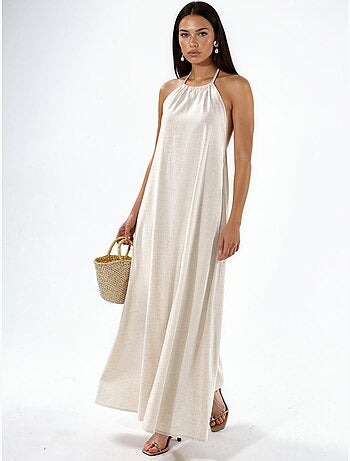 Vestido comprido em mistura de linho com decote halter hiccup