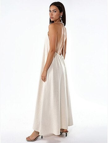 Vestido comprido em mistura de linho com decote halter hiccup